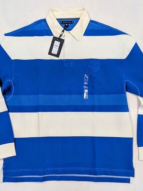 Tommy Hilfiger Men's Rugby Shirt Blue White Striped Long Sleeve Embroidered Logo